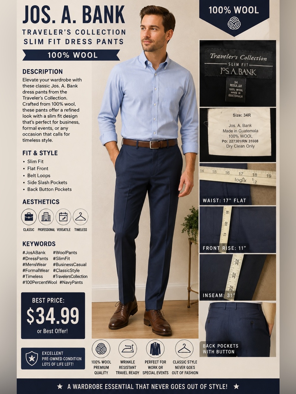 Jos. A. Bank Men's Dark Navy Dress Pants